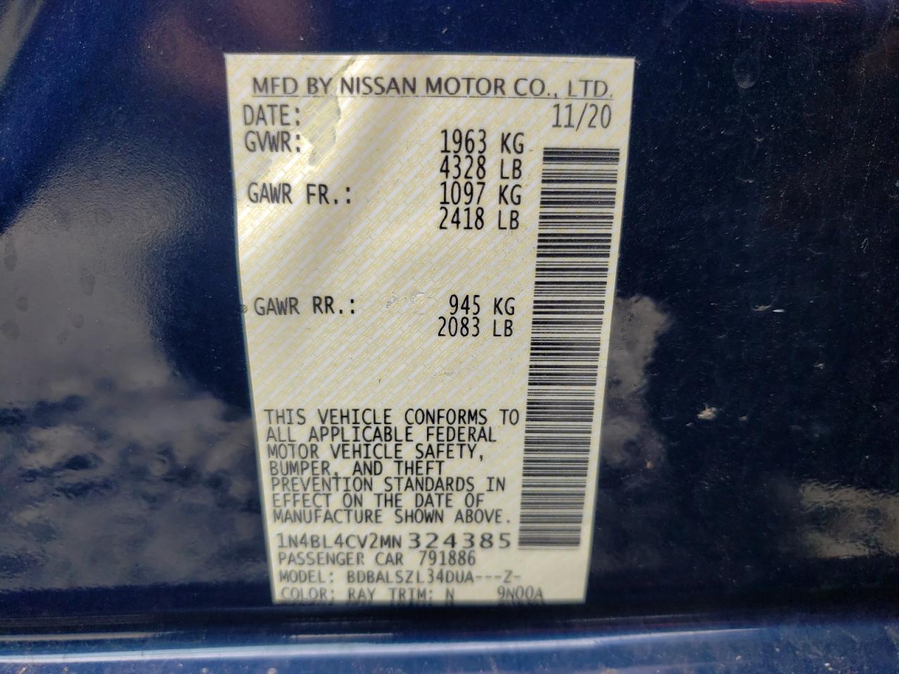 Photo 10 from auction – 2021 NISSAN ALTIMA SR with VIN 1N4BL4CV2MN324385