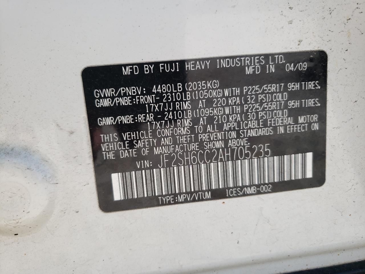 Photo 10 from auction – 2010 SUBARU FORESTER 2 with VIN JF2SH6CC2AH705235