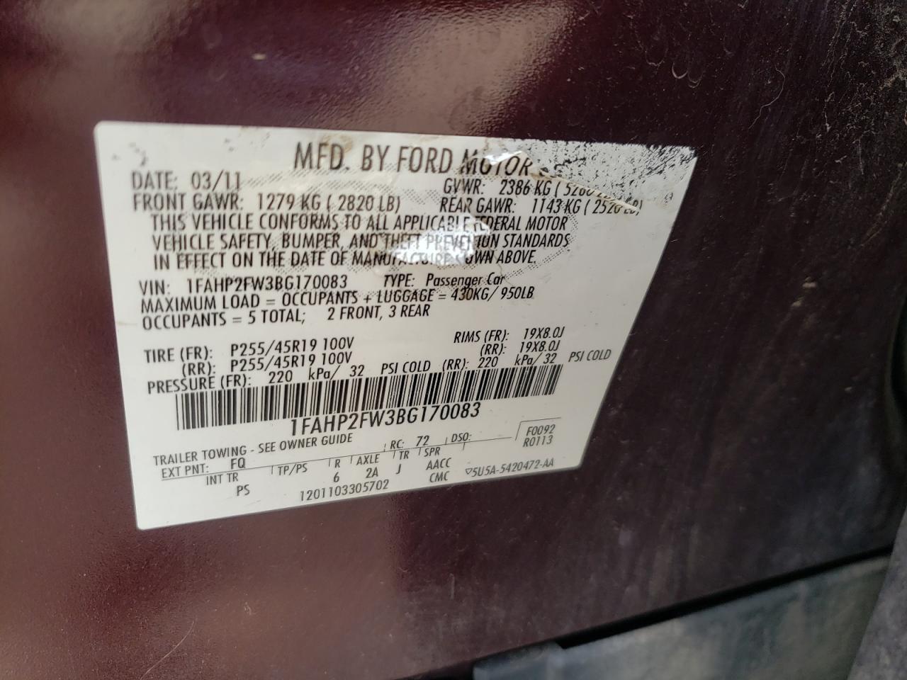 Photo 10 from auction – 2011 FORD TAURUS LIM with VIN 1FAHP2FW3BG170083