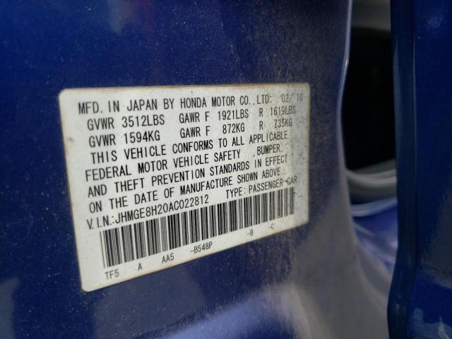 Photo 10 from auction – 2010 HONDA FIT with VIN JHMGE8H20AC022812