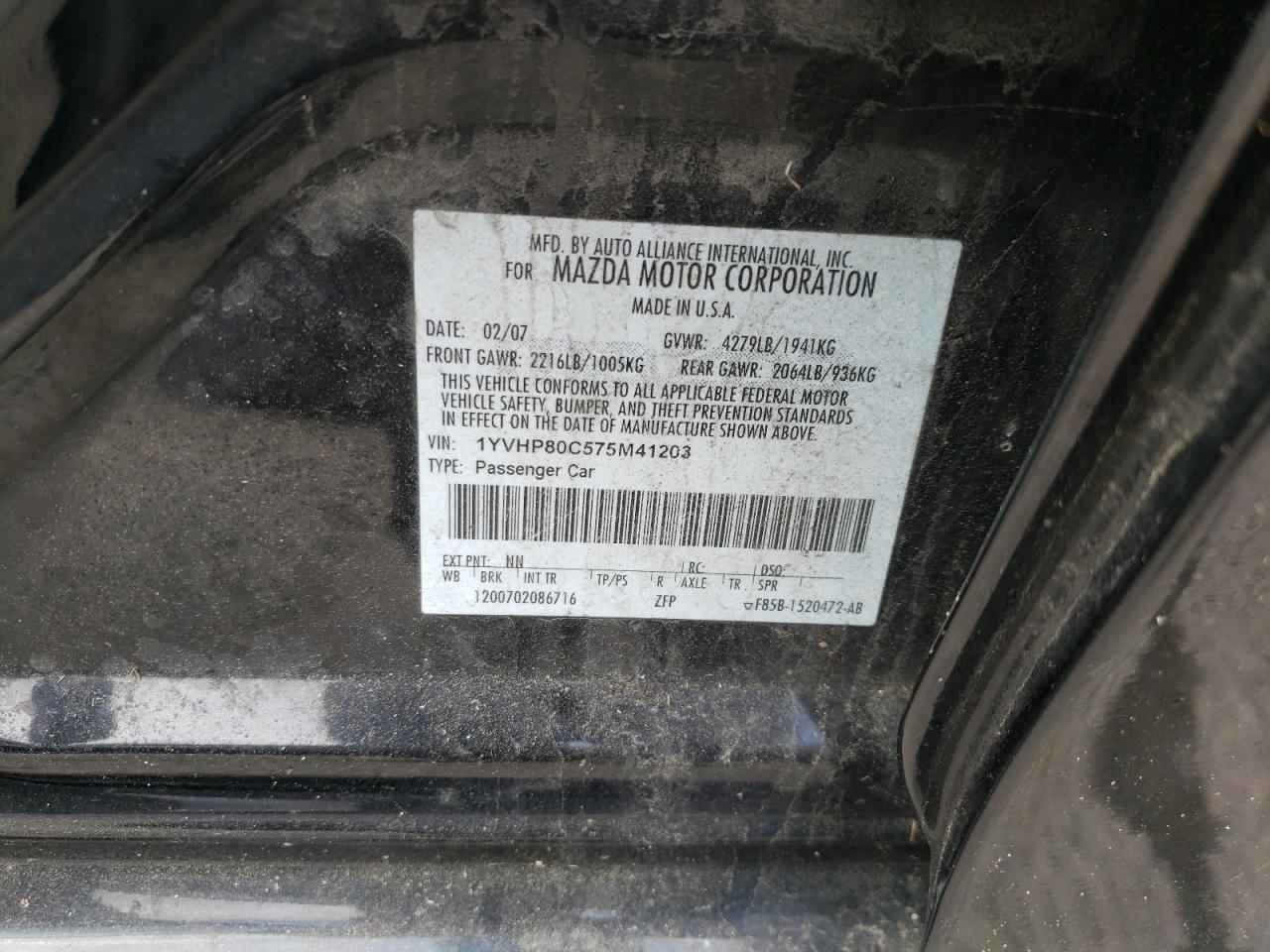 Photo 11 from auction – 2007 MAZDA 6 with VIN 1YVHP80C575M41203