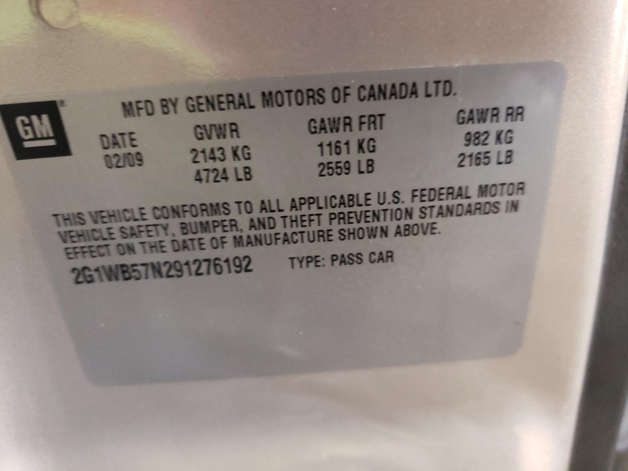 Photo 10 from auction – 2009 CHEVROLET IMPALA LS with VIN 2G1WB57N291276192