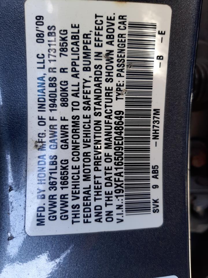 Photo 10 from auction – 2009 HONDA CIVIC LX with VIN 19XFA16509E048649