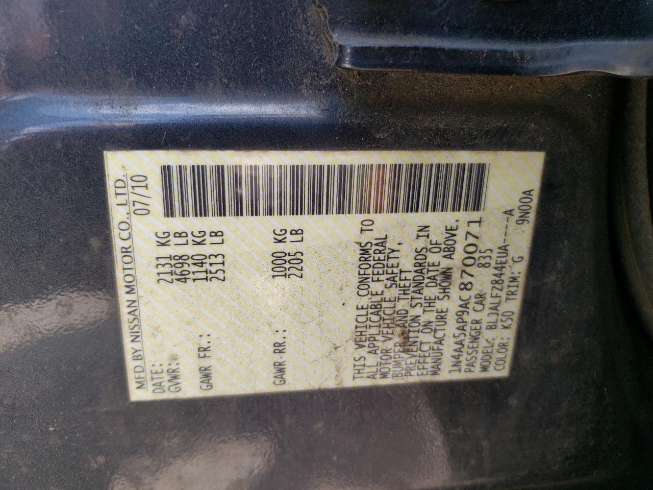 Photo 10 from auction – 2010 NISSAN MAXIMA S with VIN 1N4AA5AP9AC870071