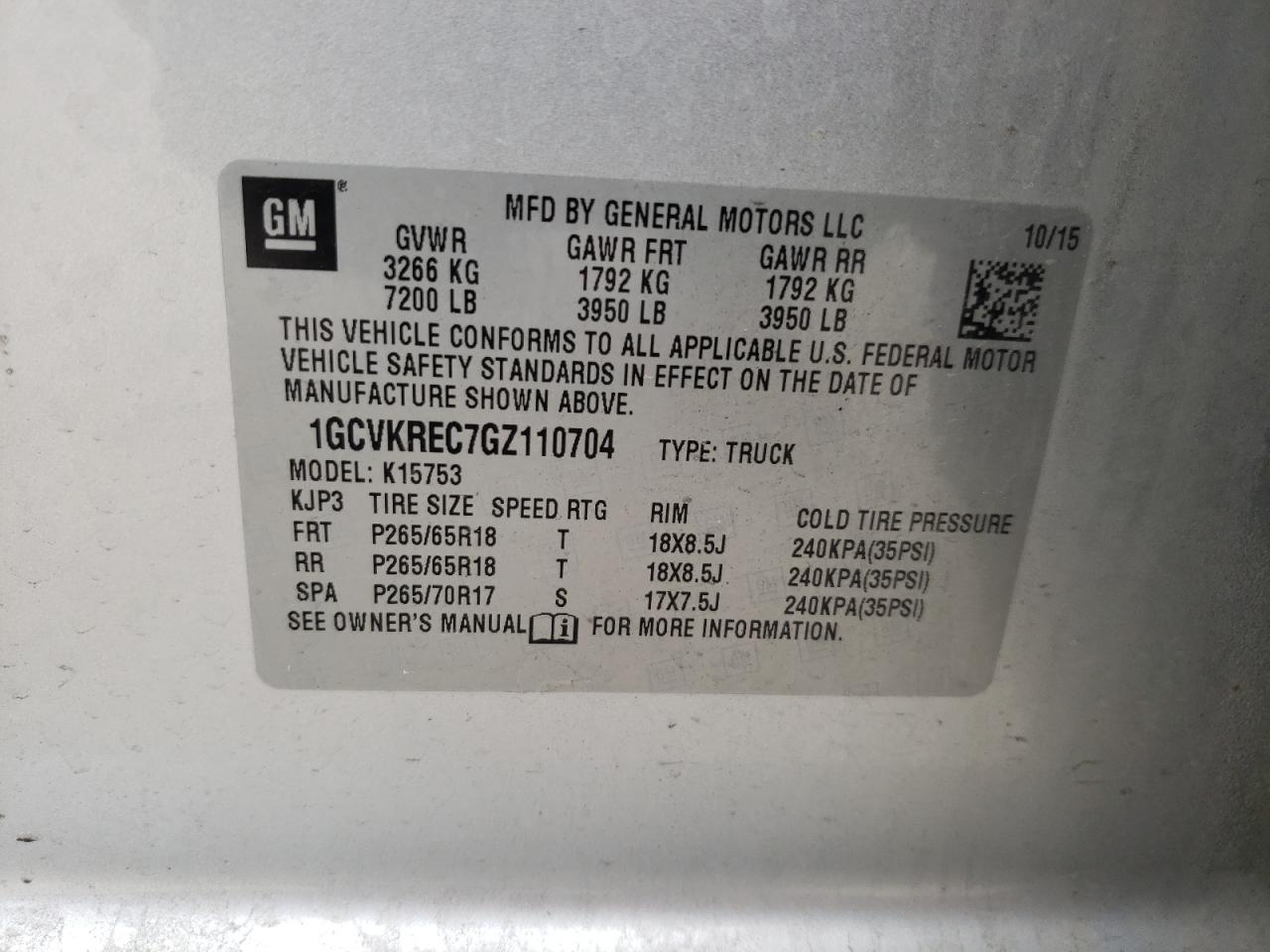 Photo 10 from auction – 2016 CHEVROLET SILVERADO with VIN 1GCVKREC7GZ110704