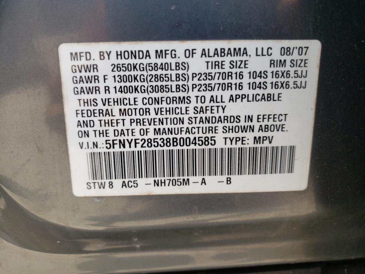 Photo 10 from auction – 2008 HONDA PILOT EXL with VIN 5FNYF28538B004585