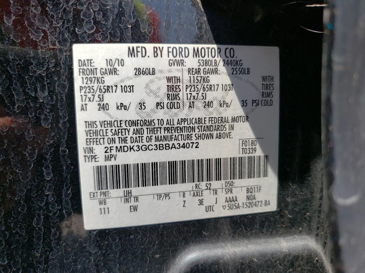 Photo 10 from auction – 2011 FORD EDGE SE with VIN 2FMDK3GC3BBA34072