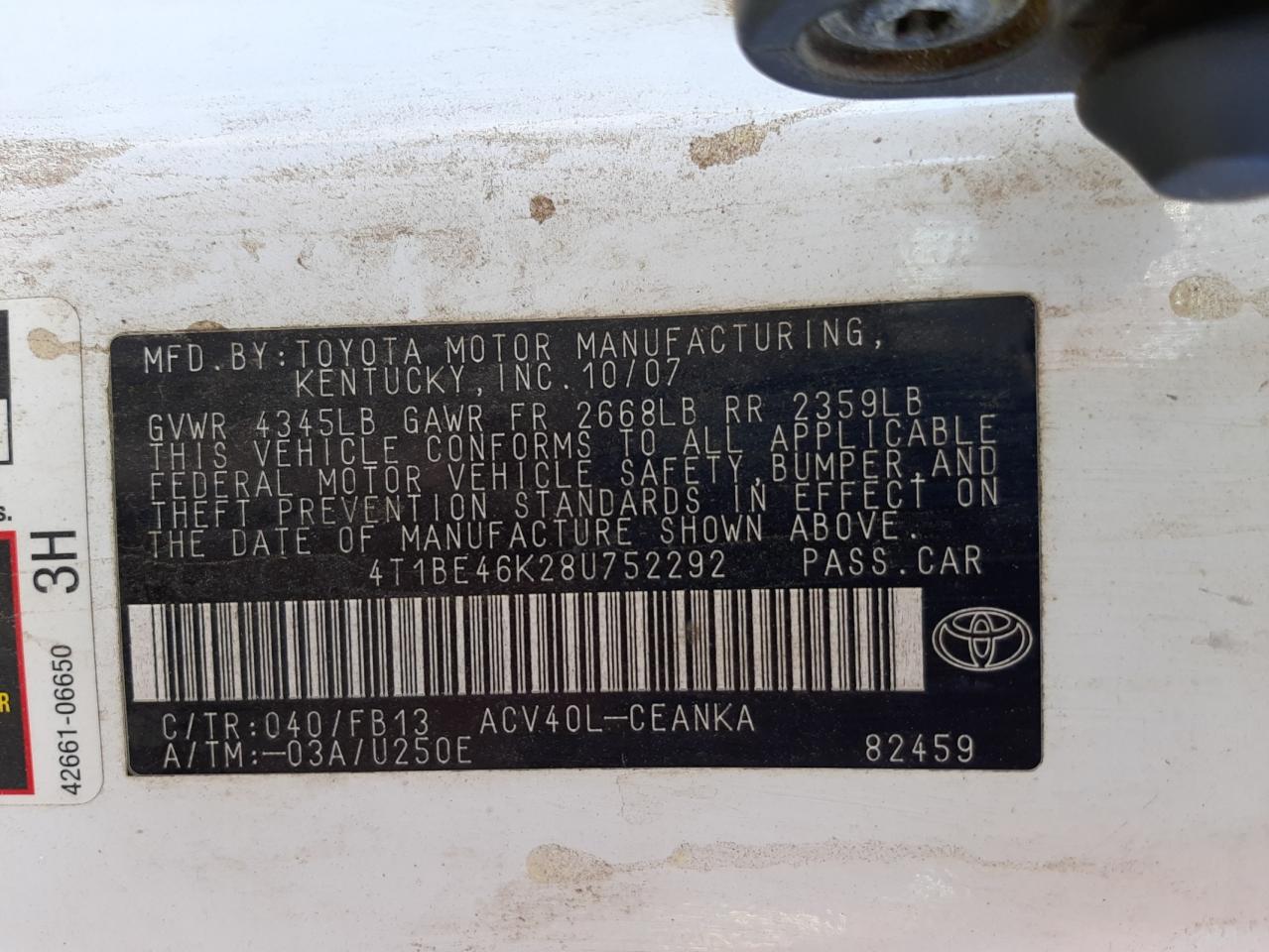 Photo 10 from auction – 2008 TOYOTA CAMRY CE with VIN 4T1BE46K28U752292