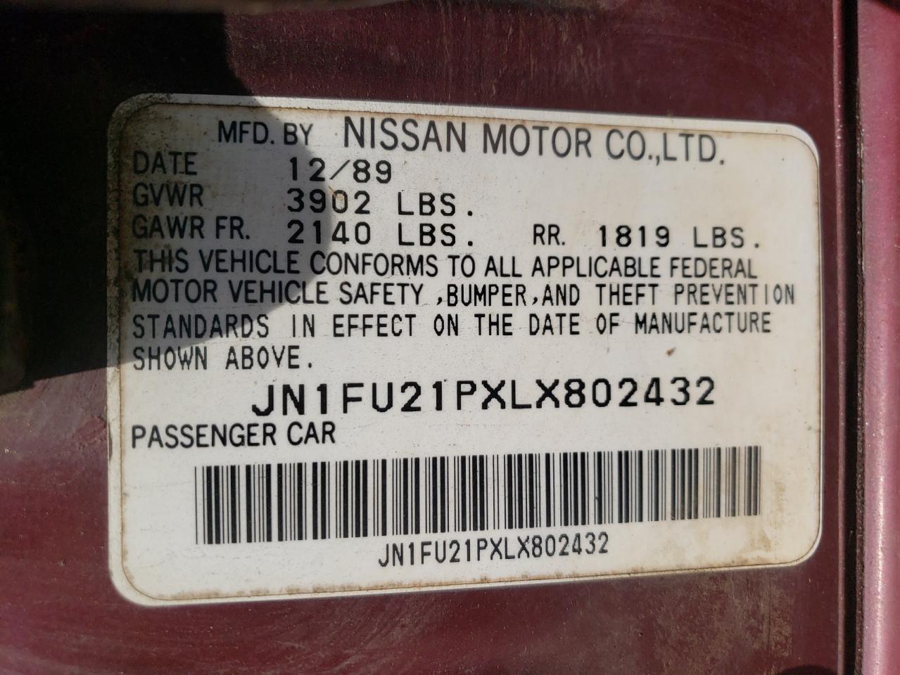 Photo 10 from auction – 1990 NISSAN STANZA with VIN JN1FU21PXLX802432
