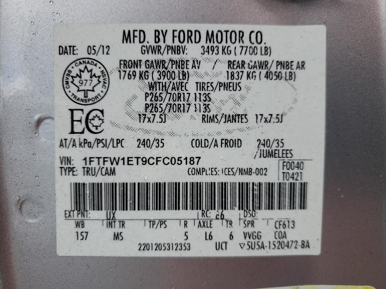 Photo 10 from auction – 2012 FORD F150 SUPER with VIN 1FTFW1ET9CFC05187