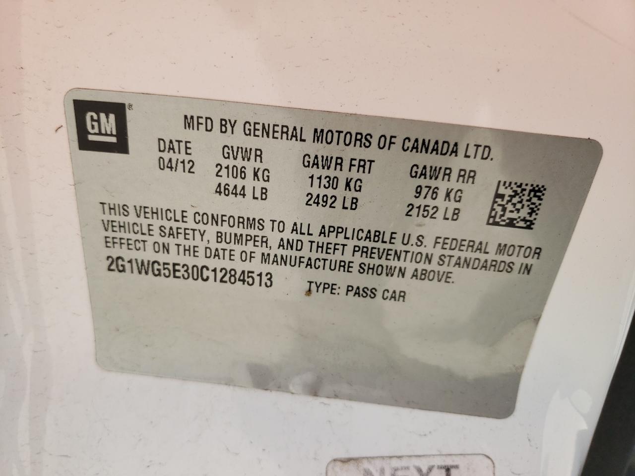 CHEVROLET IMPALA LT 2012 with VIN 2G1WG5E30C1284513 - Photo from auction