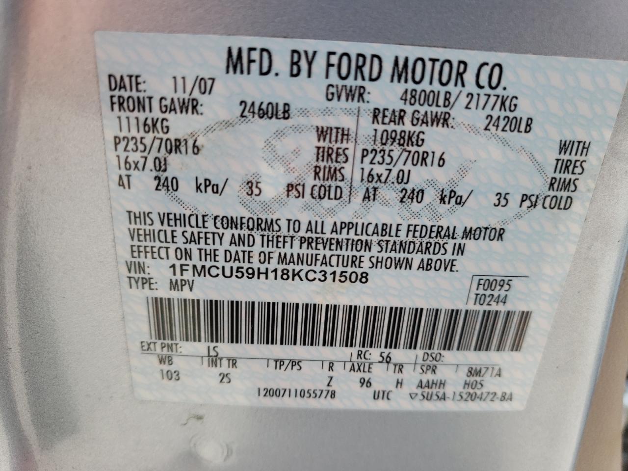 Photo 10 from auction – 2008 FORD ESCAPE HEV with VIN 1FMCU59H18KC31508