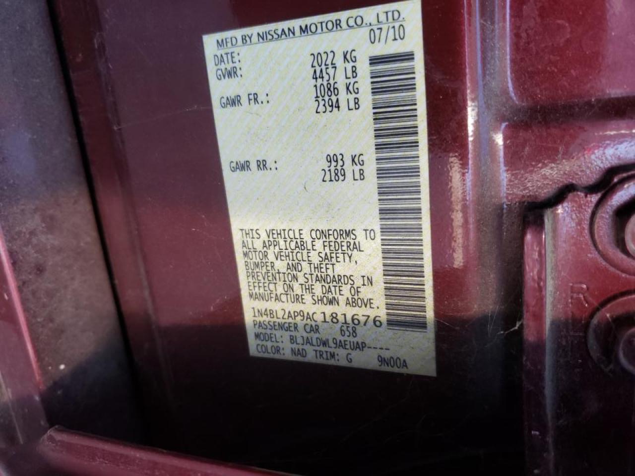 Photo 10 from auction – 2010 NISSAN ALTIMA SR with VIN 1N4BL2AP9AC181676