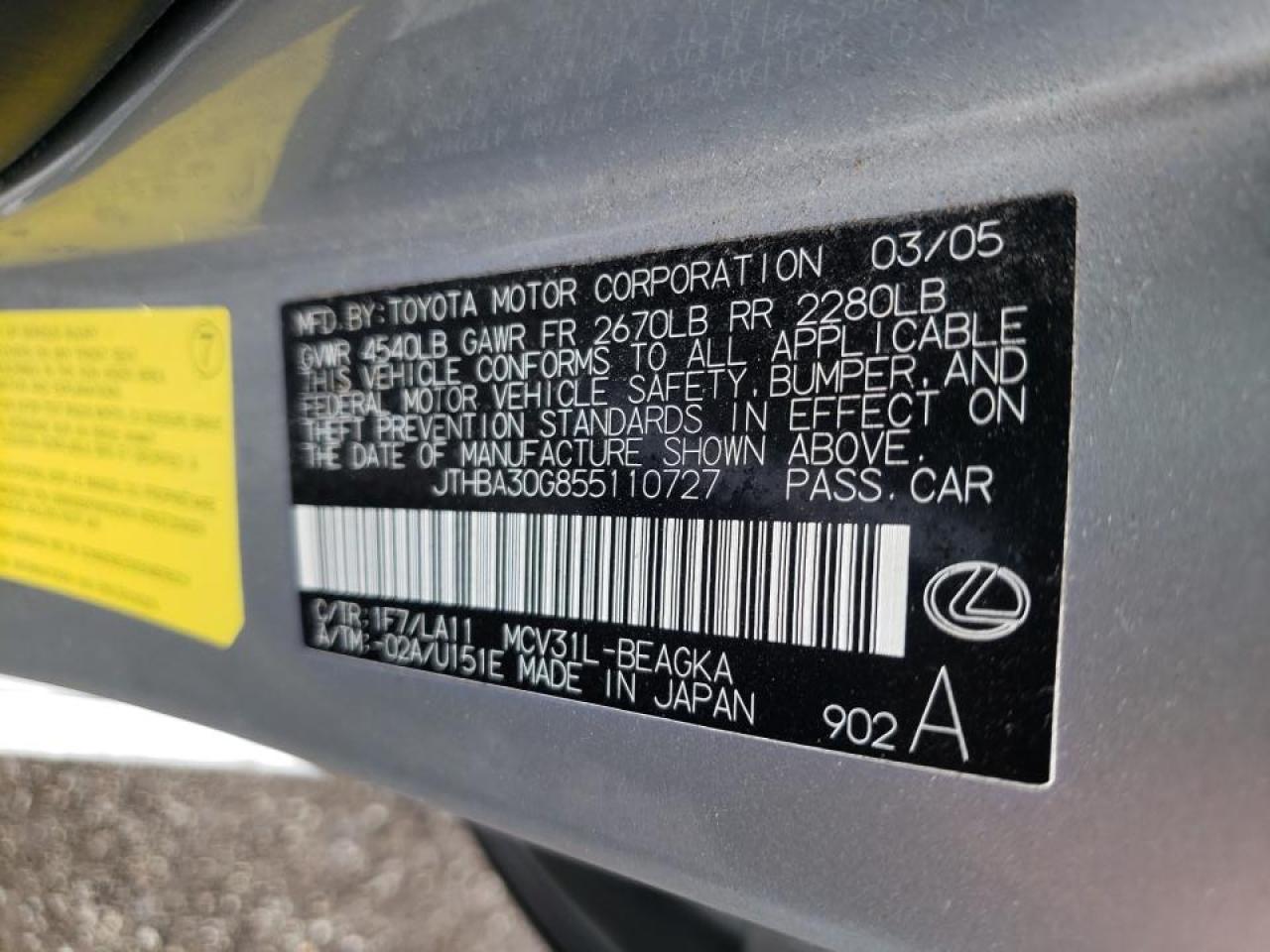 Photo 10 from auction – 2005 LEXUS ES 330 with VIN JTHBA30G855110727