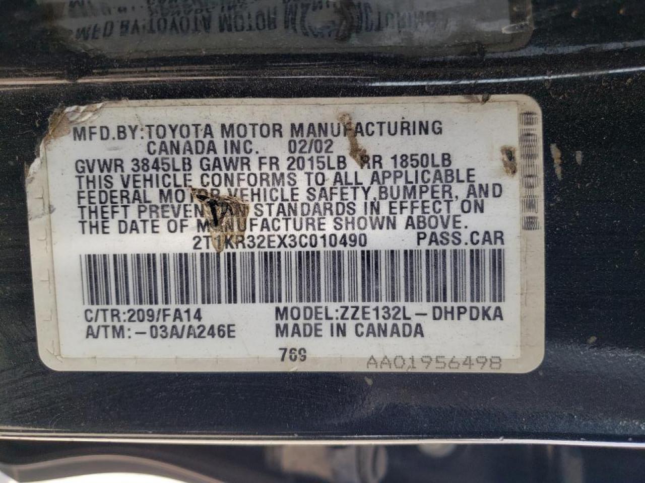 Photo 10 from auction – 2003 TOYOTA COROLLA MA with VIN 2T1KR32EX3C010490