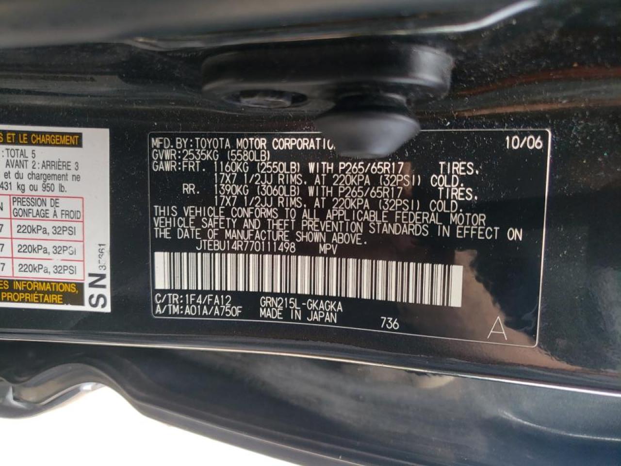 Photo 10 from auction – 2007 TOYOTA 4RUNNER SR with VIN JTEBU14R770111498