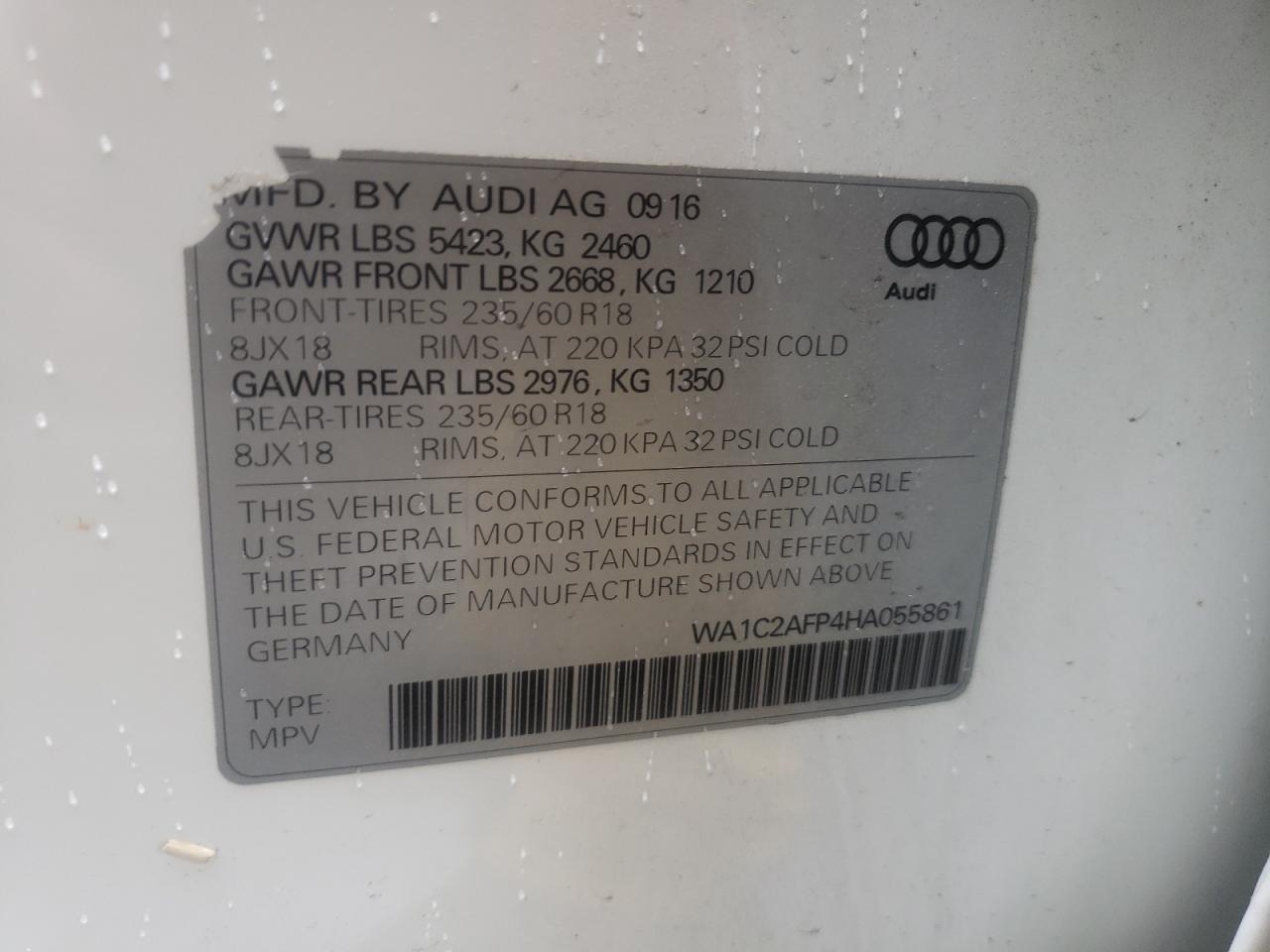 Photo 10 from auction – 2017 AUDI Q5 PREMIUM with VIN WA1C2AFP4HA055861
