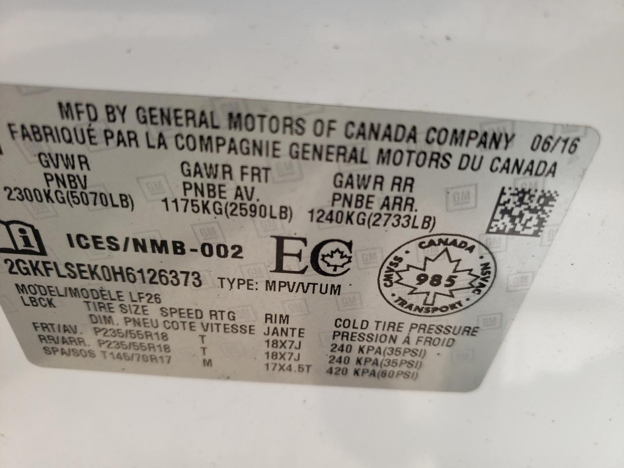 Photo 11 from auction – 2017 GMC TERRAIN SL with VIN 2GKFLSEK0H6126373