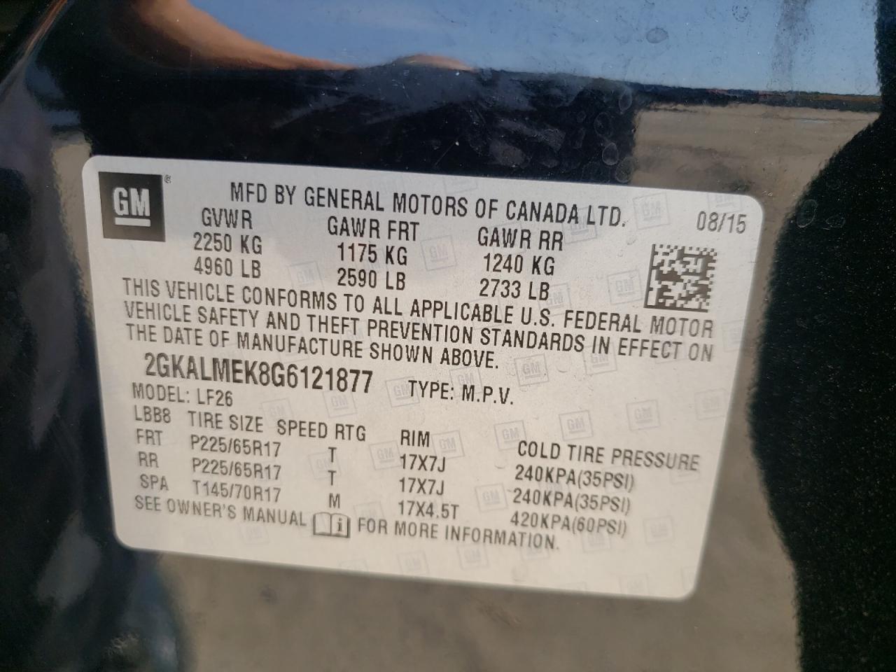 Photo 10 from auction – 2016 GMC TERRAIN SL with VIN 2GKALMEK8G6121877