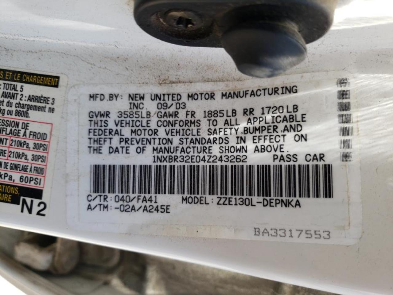 Photo 10 from auction – 2004 TOYOTA COROLLA CE with VIN 1NXBR32E04Z243262