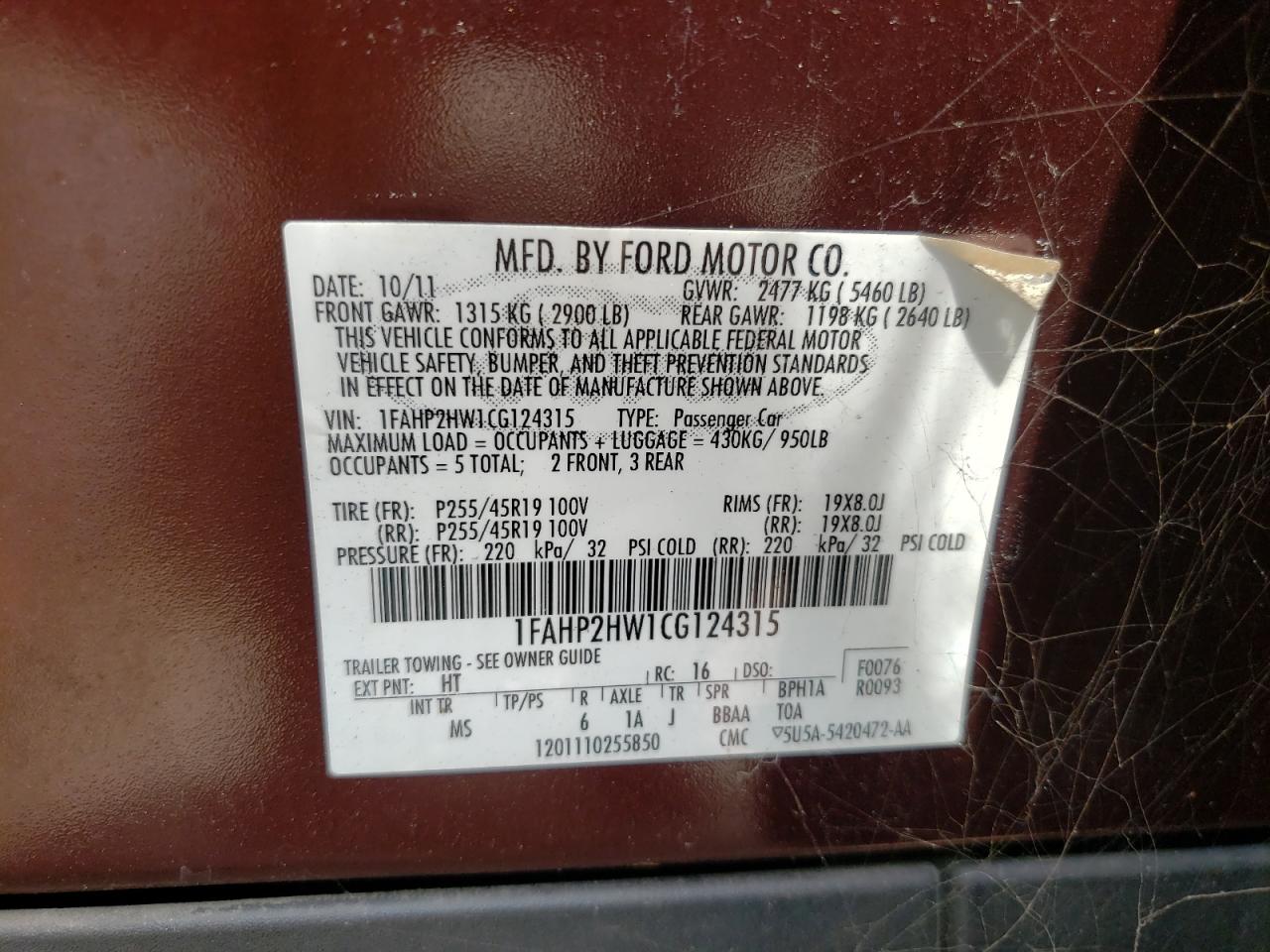 Photo 10 from auction – 2012 FORD TAURUS SEL with VIN 1FAHP2HW1CG124315