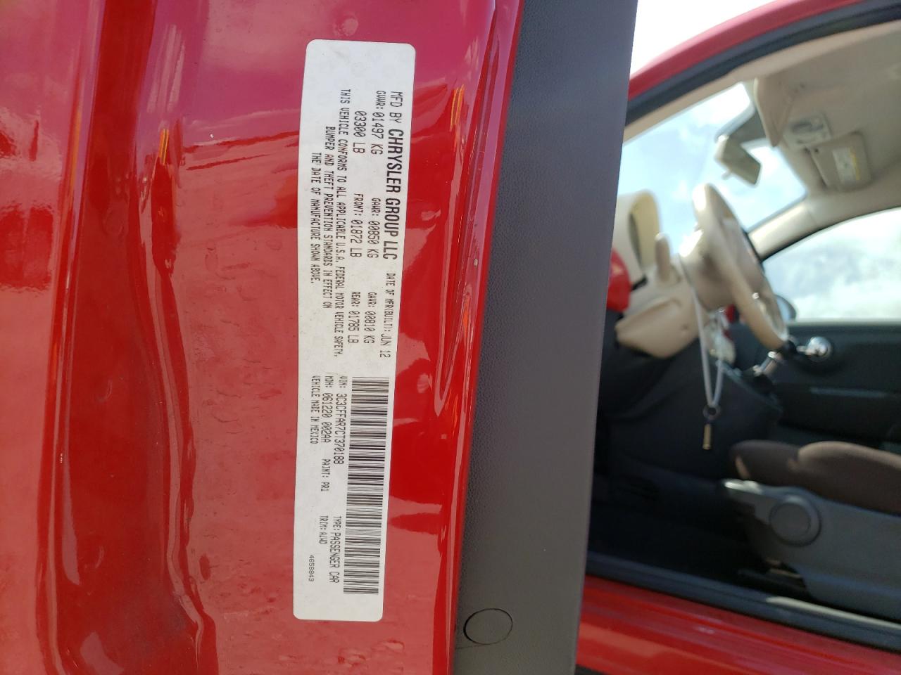 Photo 10 from auction – 2012 FIAT 500 POP with VIN 3C3CFFAR7CT370188