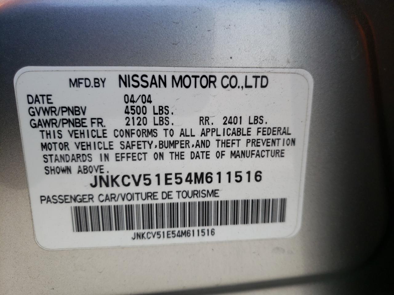 Photo 10 from auction – 2004 INFINITI G35 with VIN JNKCV51E54M611516