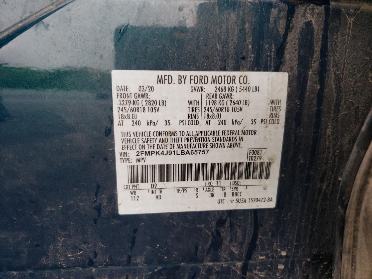 صورة رقم 10 من المزاد - 2020 FORD EDGE SEL مع VIN 2FMPK4J91LBA65757
