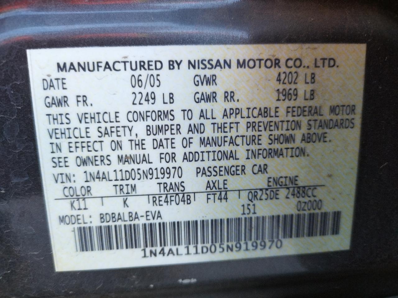 Photo 10 from auction – 2005 NISSAN ALTIMA S with VIN 1N4AL11D05N919970