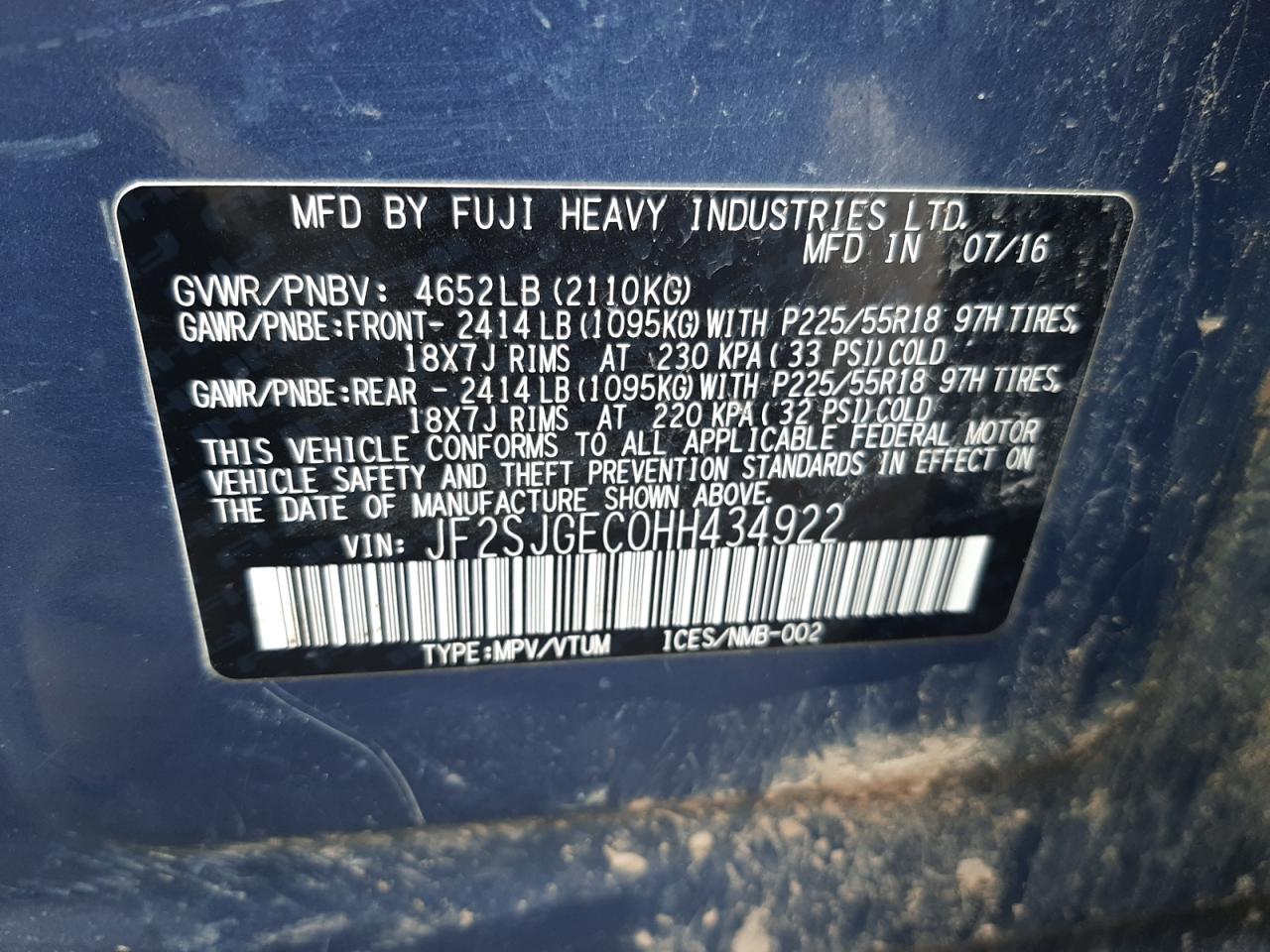 Photo 10 from auction – 2017 SUBARU FORESTER 2 with VIN JF2SJGEC0HH434922