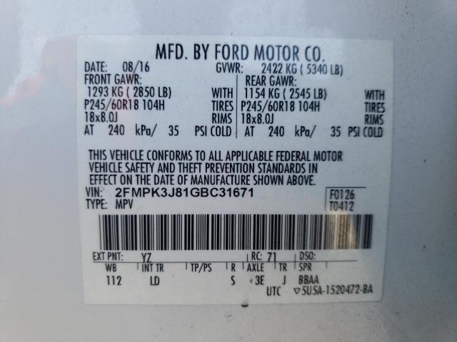 Photo 10 from auction – 2016 FORD EDGE SEL with VIN 2FMPK3J81GBC31671