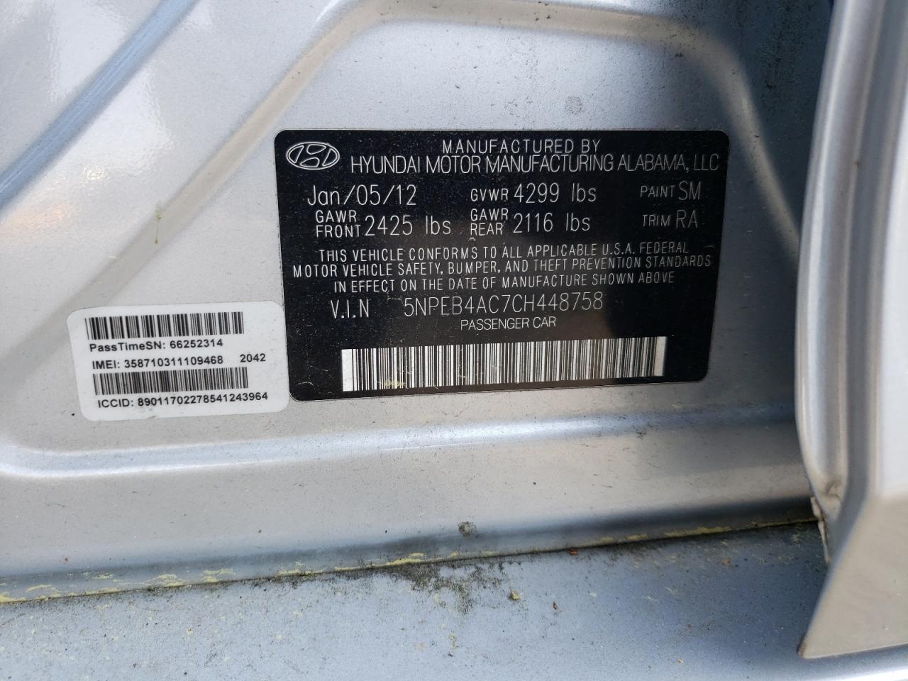 Photo 10 from auction – 2012 HYUNDAI SONATA GLS with VIN 5NPEB4AC7CH448758