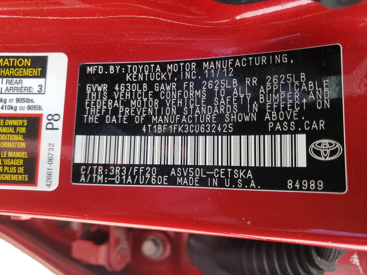 Photo 10 from auction – 2012 TOYOTA CAMRY BASE with VIN 4T1BF1FK3CU632425