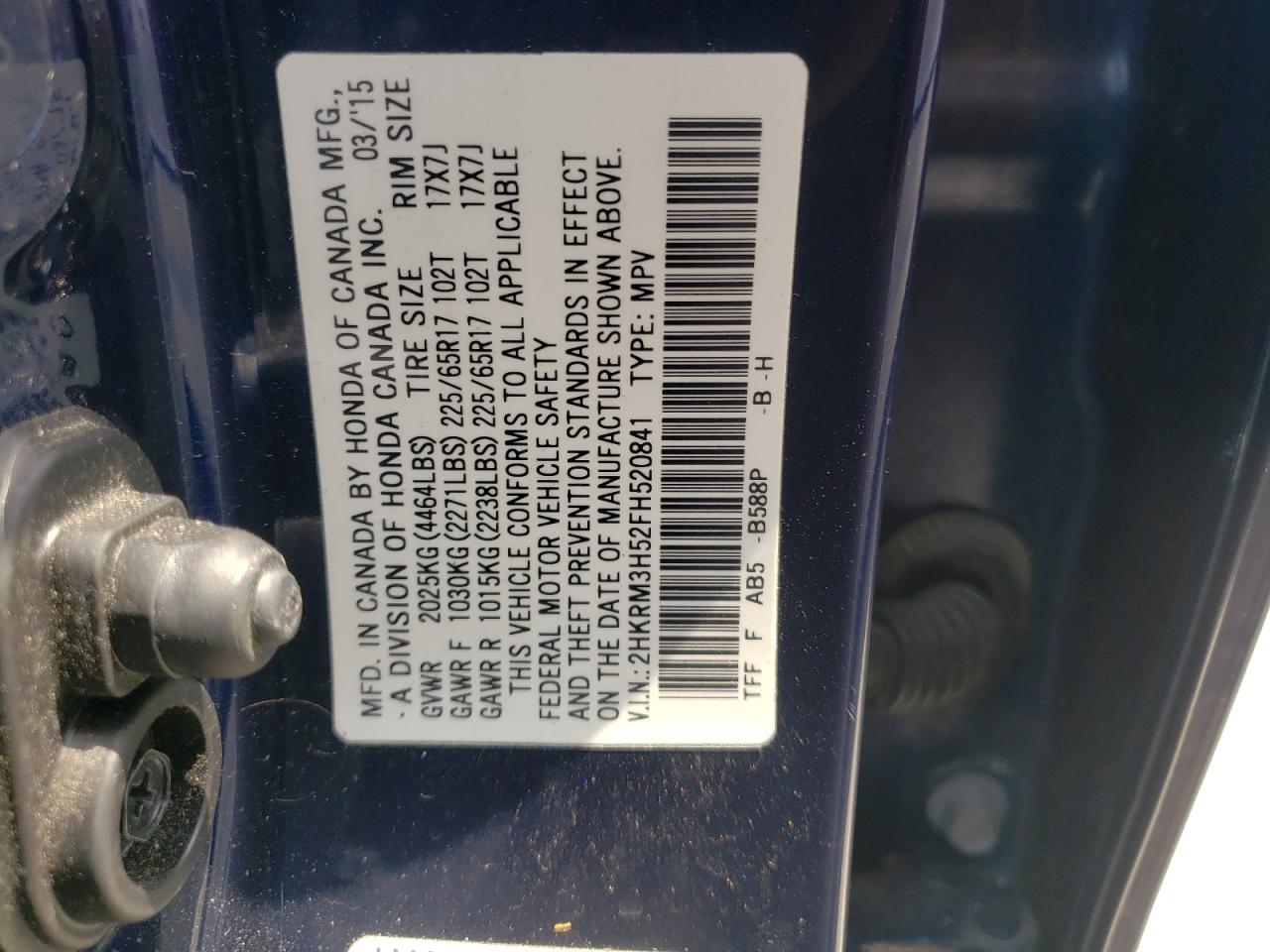 Photo 10 from auction – 2015 HONDA CR-V EX with VIN 2HKRM3H52FH520841