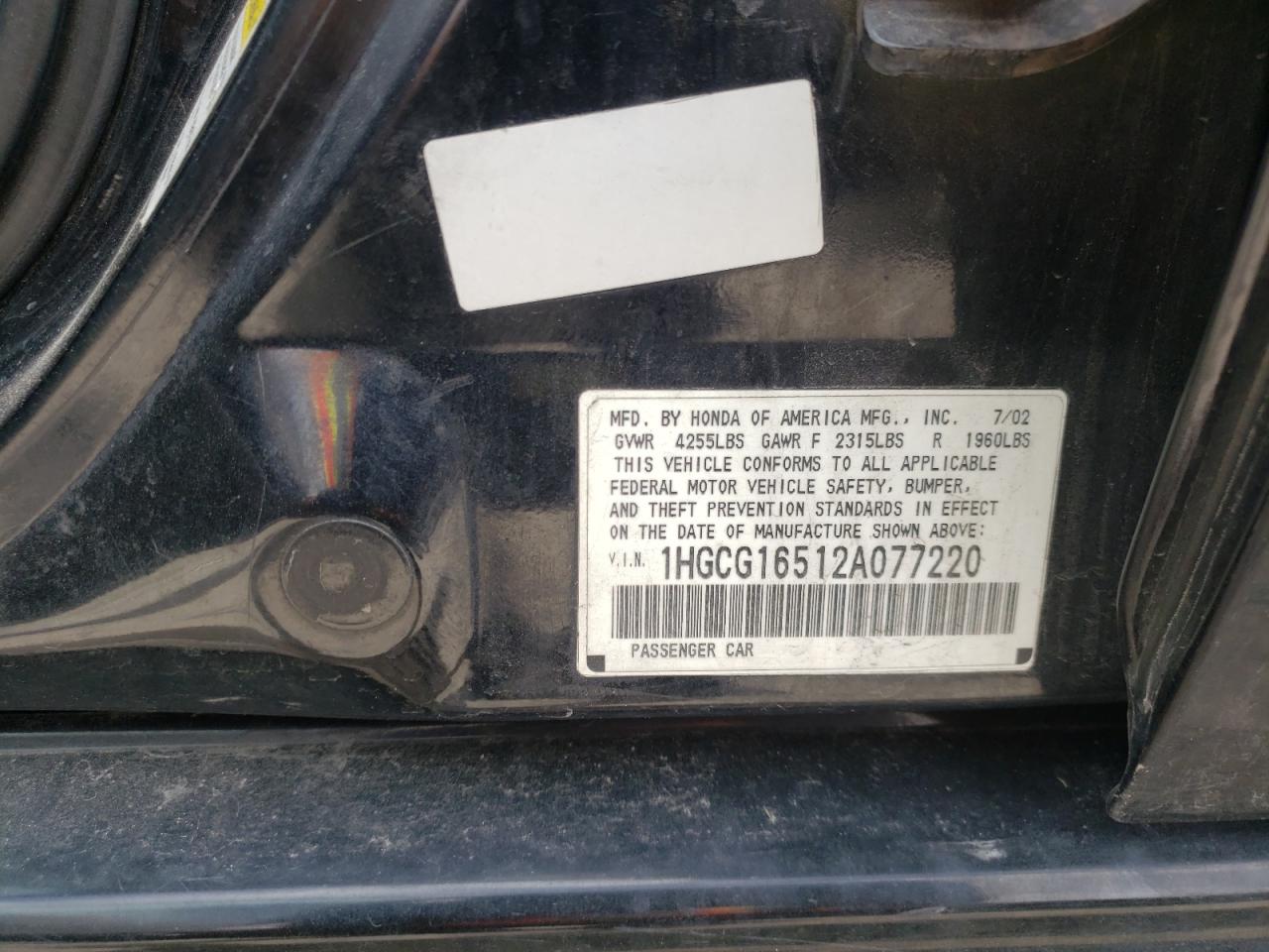 Photo 10 from auction – 2002 HONDA ACCORD EX with VIN 1HGCG16512A077220