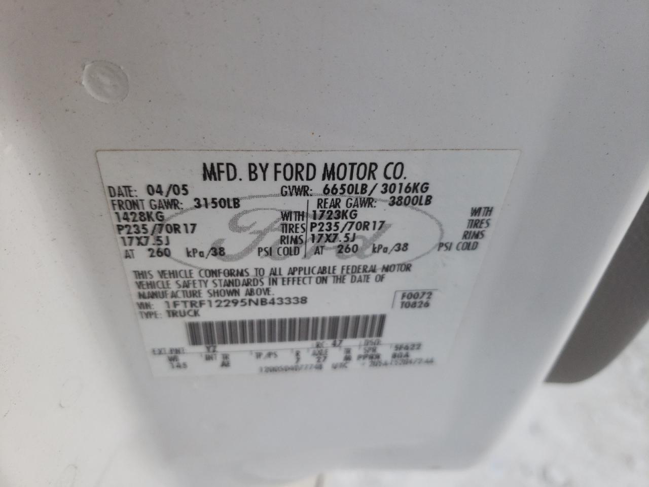 Photo 10 from auction – 2005 FORD F150 with VIN 1FTRF12295NB43338