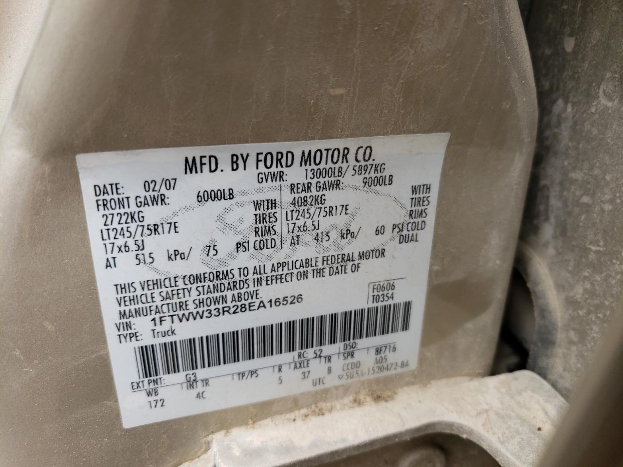 Photo 10 from auction – 2008 FORD F350 SUPER with VIN 1FTWW33R28EA16526