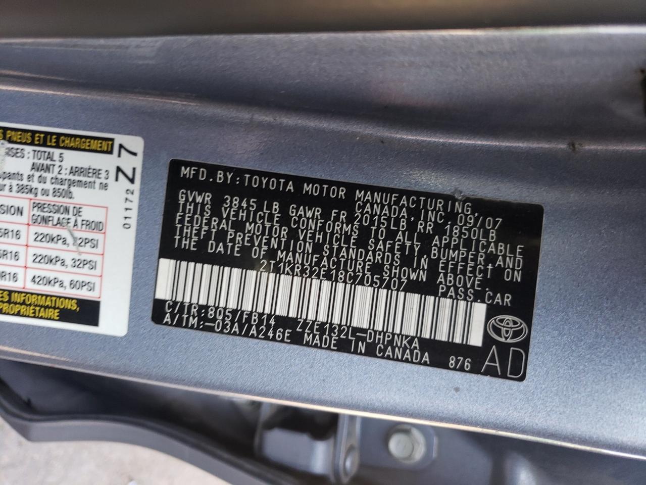 Photo 11 from auction – 2008 TOYOTA COROLLA MA with VIN 2T1KR32E18C705707