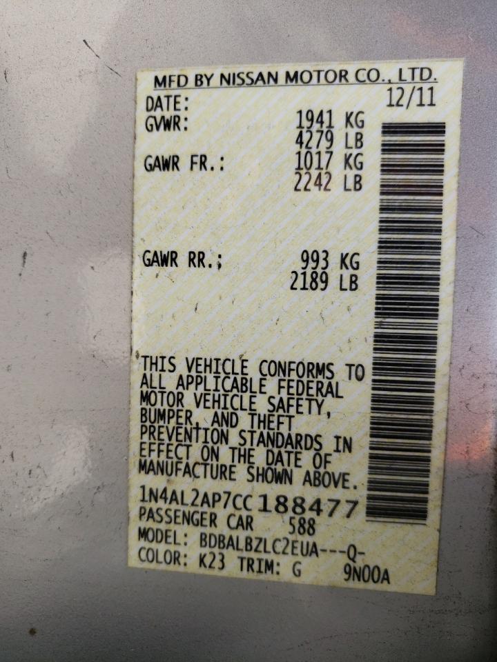 Photo 10 from auction – 2012 NISSAN ALTIMA BAS with VIN 1N4AL2AP7CC188477