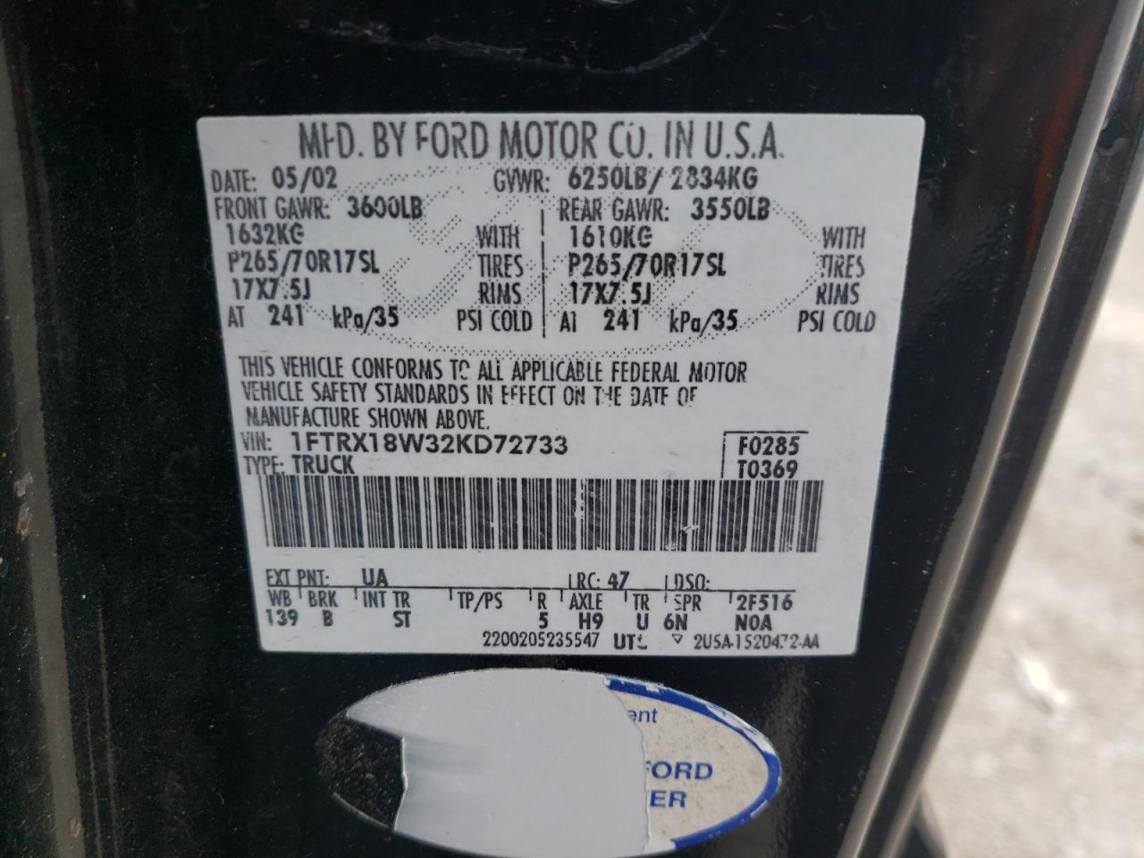 Photo 10 from auction – 2002 FORD F150 with VIN 1FTRX18W32KD72733