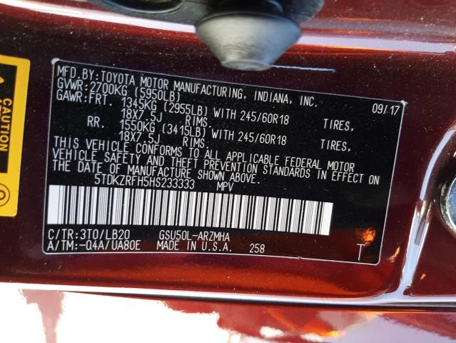 Photo 10 from auction – 2017 TOYOTA HIGHLANDER with VIN 5TDKZRFH5HS233333