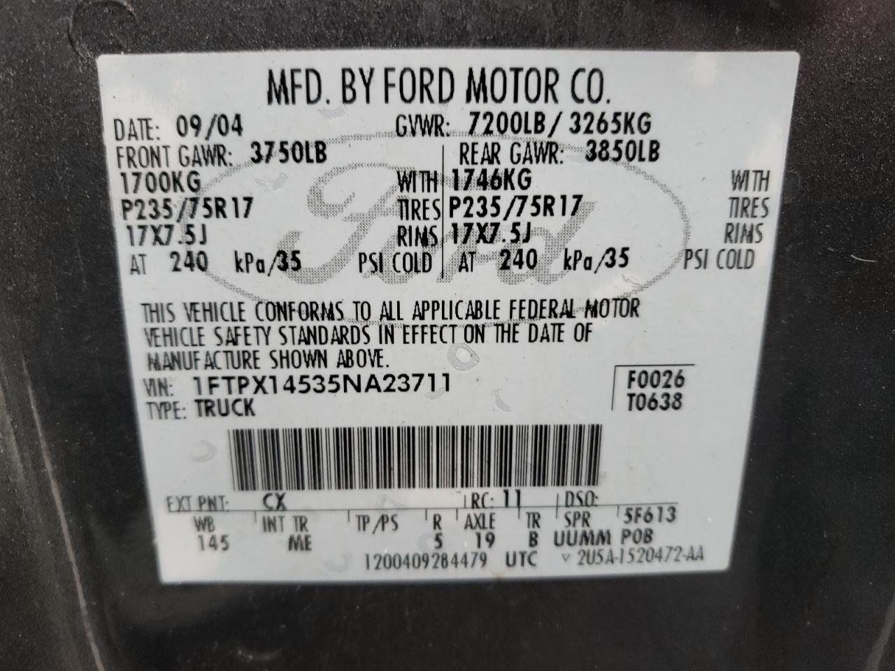 Photo 10 from auction – 2005 FORD F150 with VIN 1FTPX14535NA23711