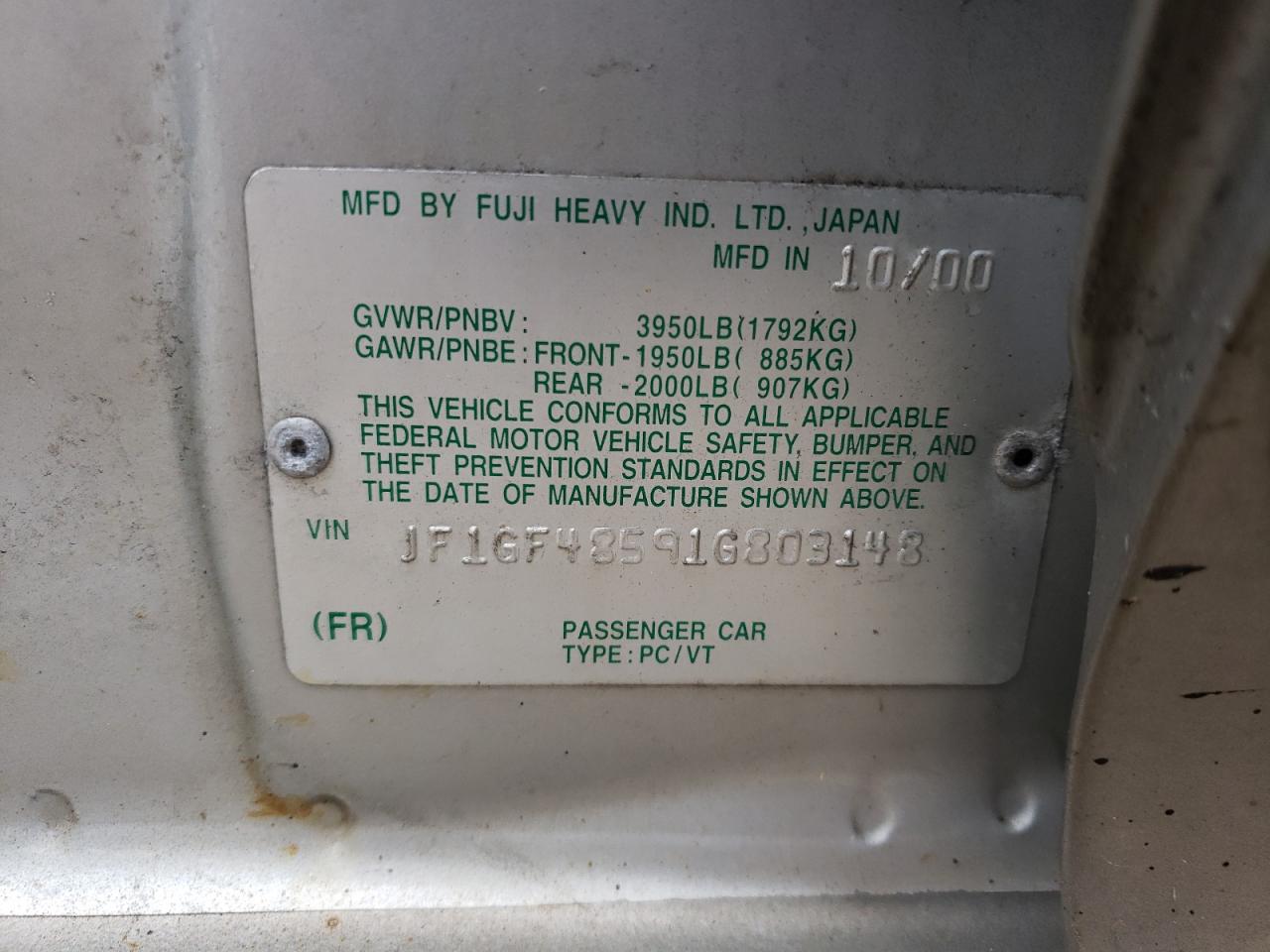Photo 10 from auction – 2001 SUBARU IMPREZA OU with VIN JF1GF48591G803148