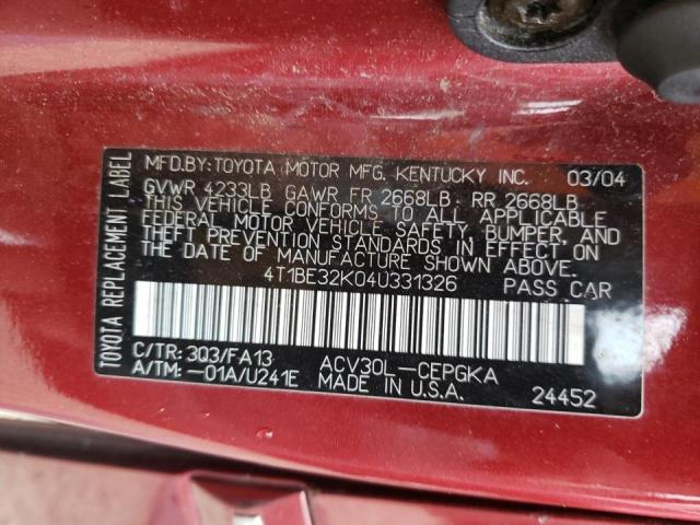 Photo 10 from auction – 2004 TOYOTA CAMRY LE with VIN 4T1BE32K04U331326