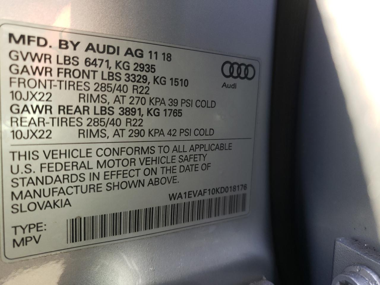 Photo 10 from auction – 2019 AUDI Q8 PREMIUM with VIN WA1EVAF10KD018176