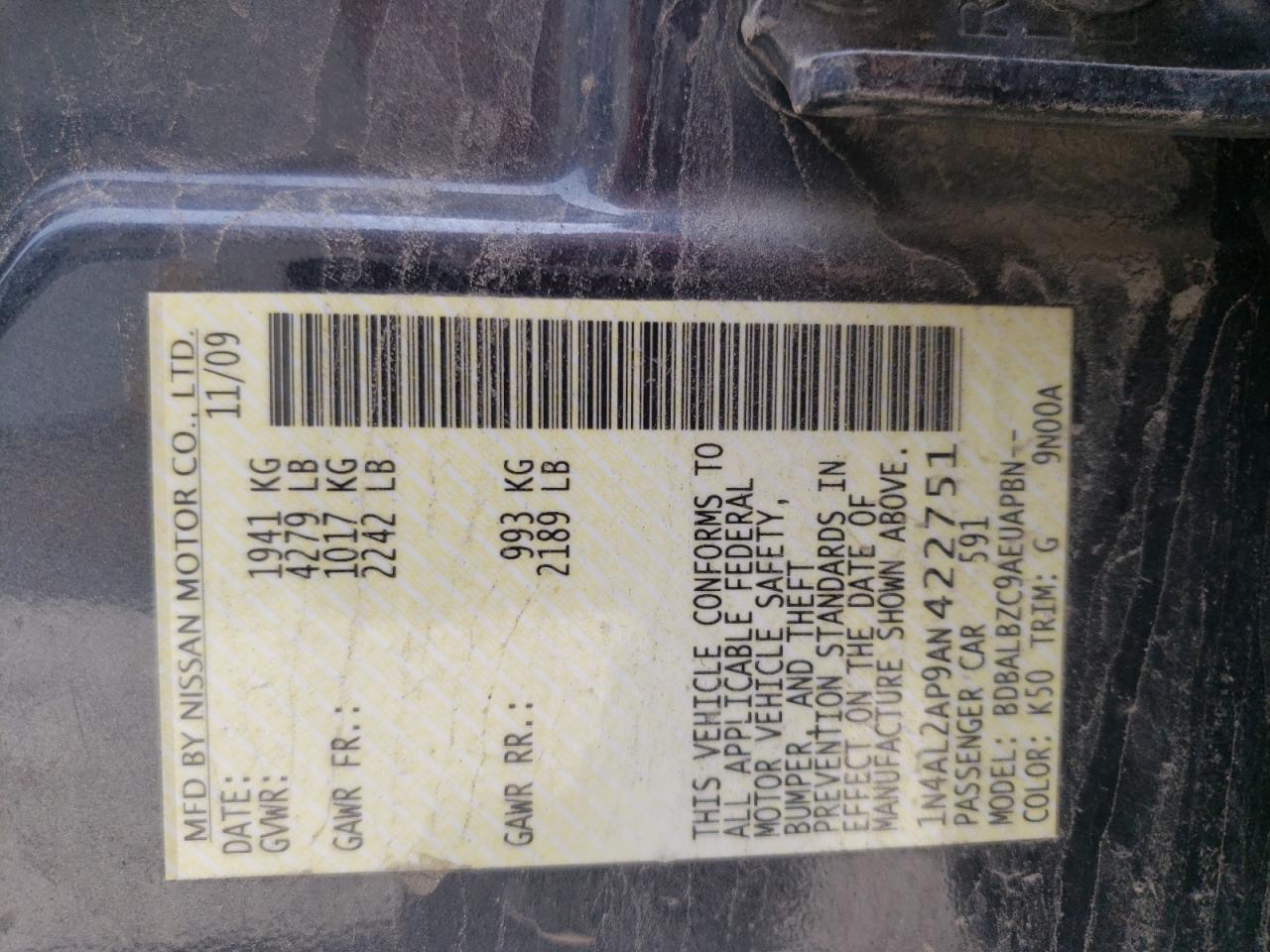 Photo 10 from auction – 2010 NISSAN ALTIMA BAS with VIN 1N4AL2AP9AN422751