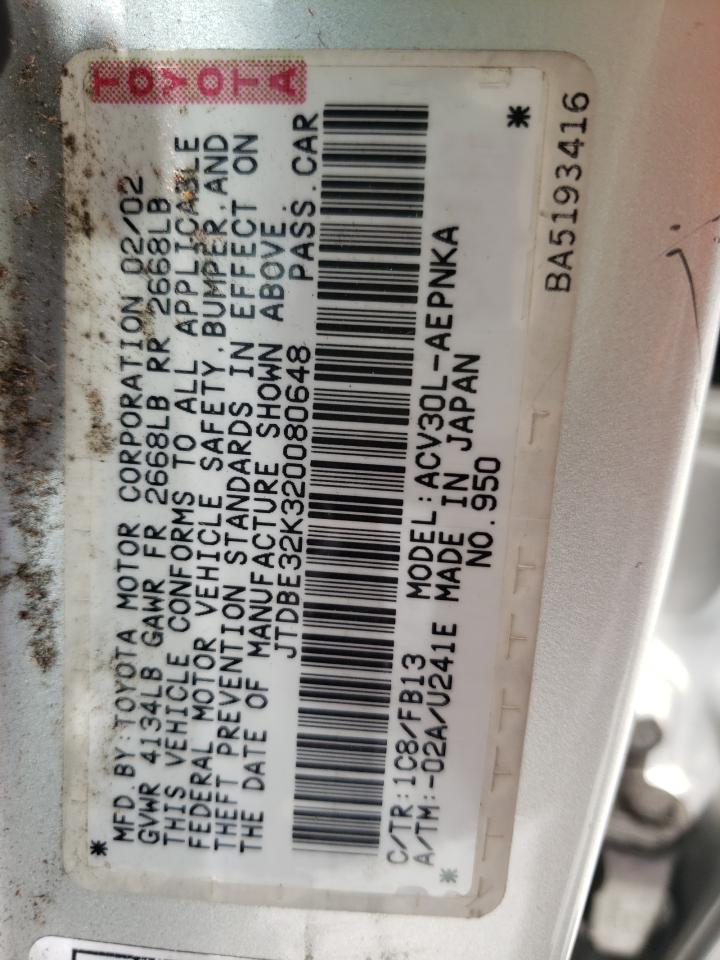 Photo 10 from auction – 2002 TOYOTA CAMRY LE with VIN JTDBE32K320080648