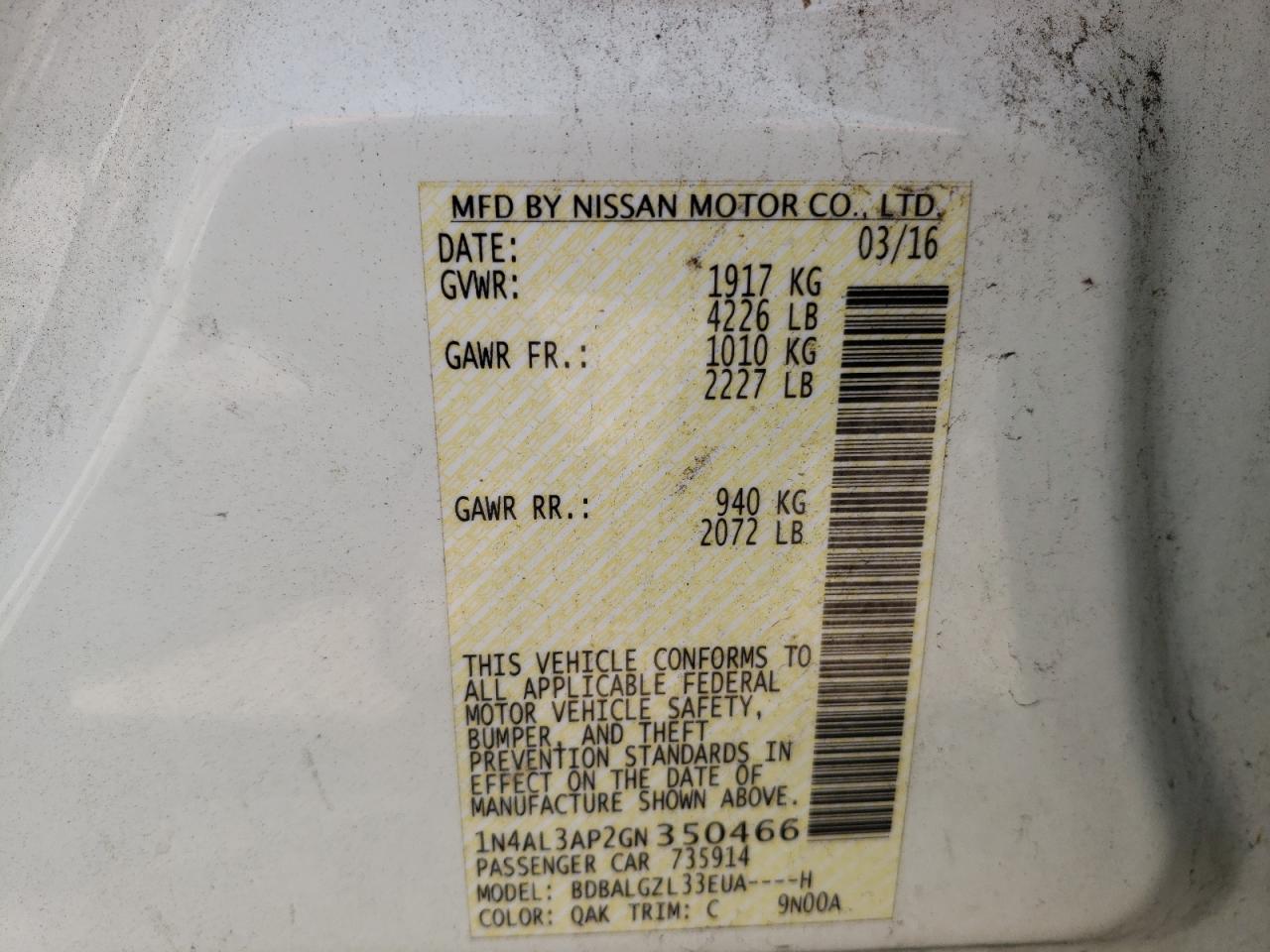 Photo 10 from auction – 2016 NISSAN ALTIMA 2.5 with VIN 1N4AL3AP2GN350466