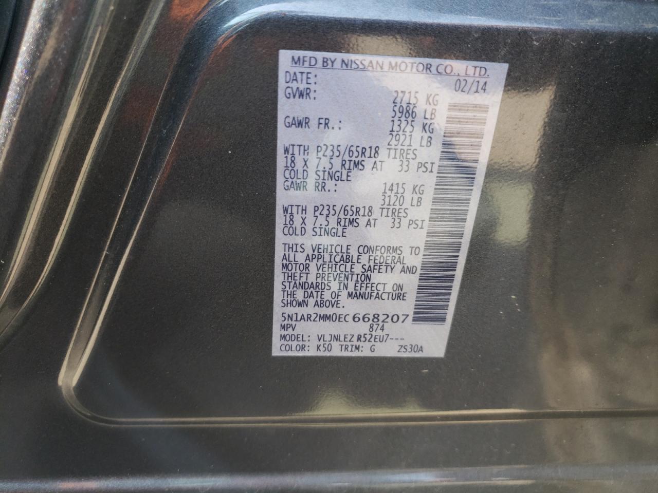 Photo 10 from auction – 2014 NISSAN PATHFINDER with VIN 5N1AR2MM0EC668207