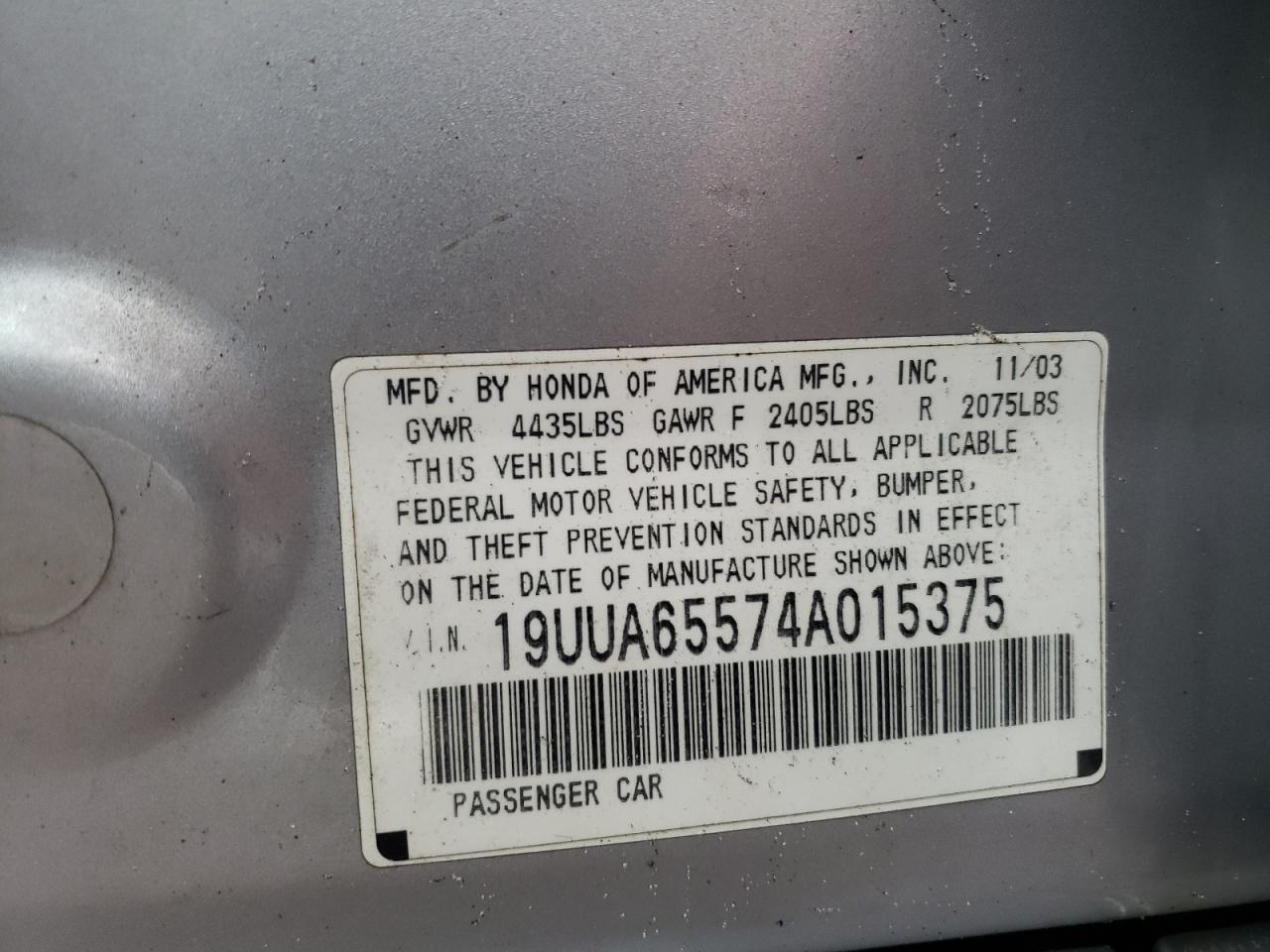 Photo 11 from auction – 2004 ACURA TL with VIN 19UUA65574A015375